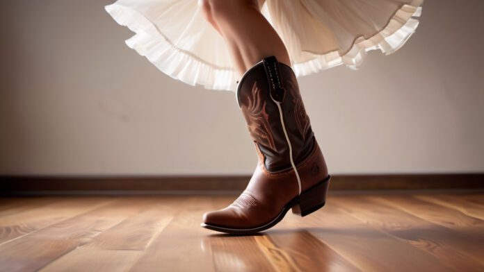 An image capturing the energetic steps of the Cotton Eye Joe dance tutorial. Show a dancer's foot stomping on the wooden floor, cowboy boots flying mid-air, with swirling skirts and joyous expressions, reflecting the contagious spirit of this iconic dance.