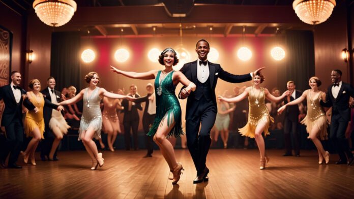 An image capturing the vibrant energy of the Charleston dance. Show a group of stylish dancers in flapper dresses and suits, swinging their legs and arms in sync, with wide smiles and high spirits, against a backdrop of a 1920s jazz club.