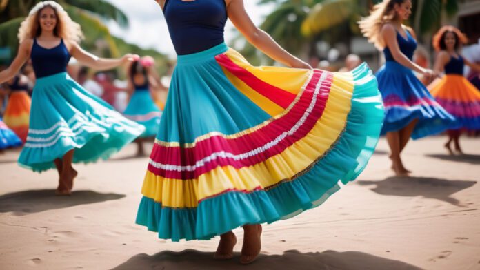 An image capturing the vibrant essence of Cumbia dance: a swirling kaleidoscope of colorful skirts twirling amidst a sea of rhythmic footwork, as joyful dancers move to the infectious beats of Latin American music.